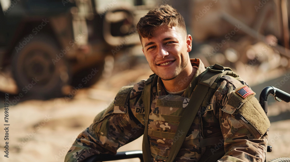 A disabled young male soldier wearing a happy camouflage uniform sits smiling looking at the camera in a wheelchair.