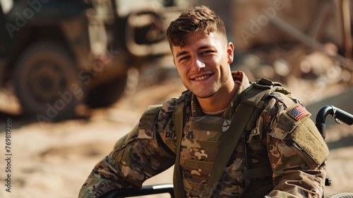 A disabled young male soldier wearing a happy camouflage uniform sits smiling looking at the camera in a wheelchair. photo