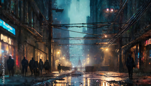 A dirty  grimy  rainy  smoky dystopian city on a narrow street with crowds on digital art concept.