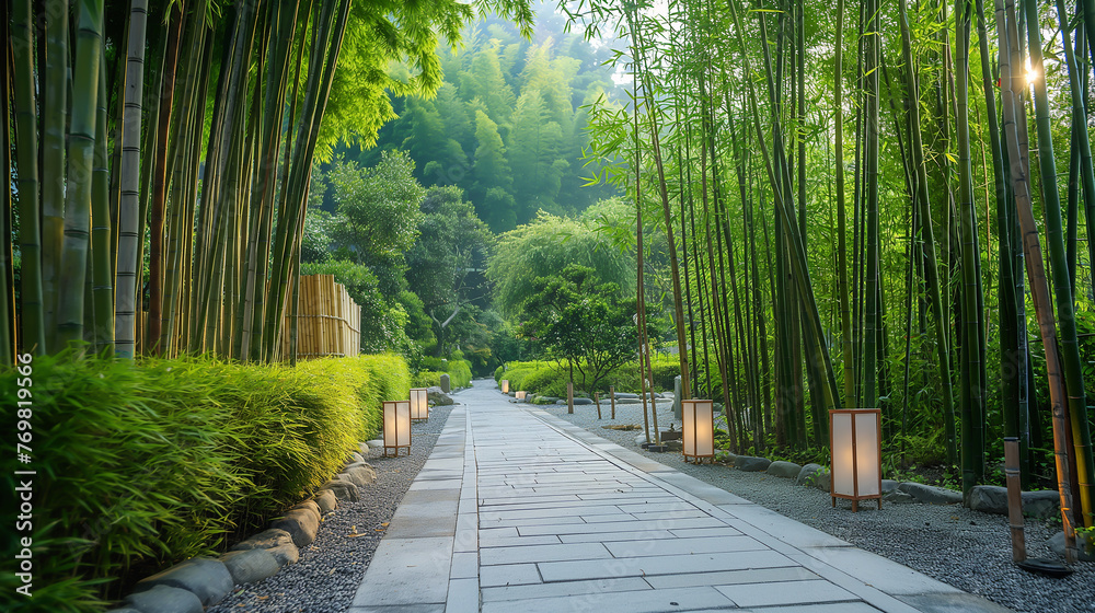 Stone walkway with the bamboo tree on beside of the walkway, lifestyle concept for living with the nature Stone walkway with the bamboo tree on beside of the walkway, lifestyle concept for living with the nature
