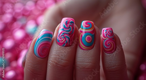 Nail art design with a candy and lollipop theme, featuring a vibrant pink background and colorful details. Generative AI