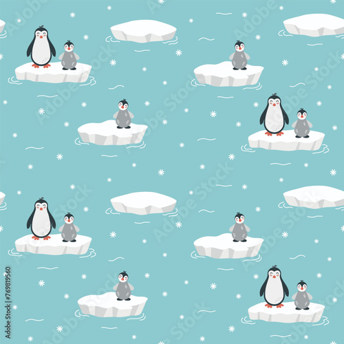 Seamless pattern with cute cartoon hand draw baby penguin on ice floe on blue background. Design for printing, textile, fabric. © AnaRisyet