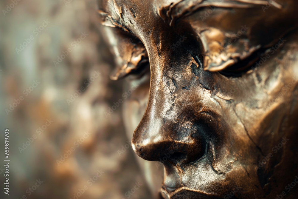 Detailed Close-Up of a Bronze Sculpture Face