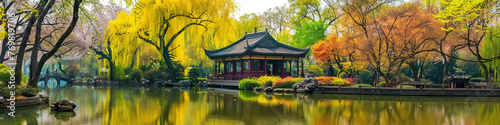 China Suzhou Garden Autumn Landscape Banner,created with Generative AI tecnology.