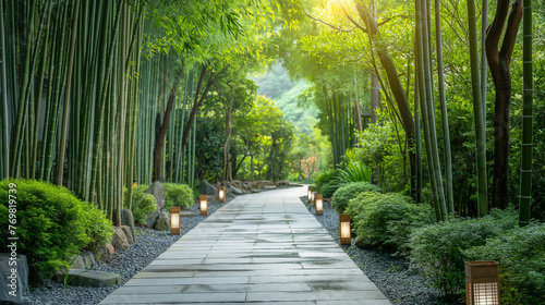 Stone walkway with the bamboo tree on beside of the walkway, lifestyle concept for living with the nature © Phichet1991