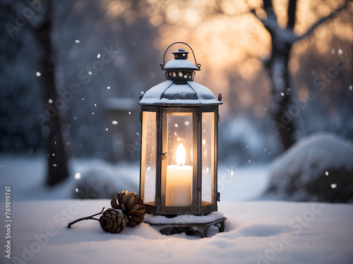 a lantern with a candle lit in the snow, a stock photo by Jeff A. Menges, pixabay contest winner, neo-romanticism, flickering light, glowing lights, luminescence © Mahmud