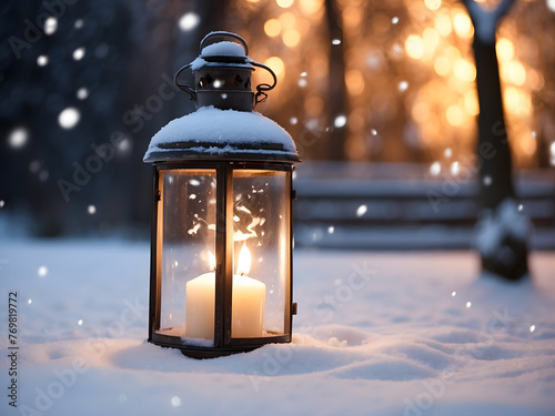 a lantern with a candle lit in the snow, a stock photo by Jeff A. Menges, pixabay contest winner, neo-romanticism, flickering light, glowing lights, luminescence photo