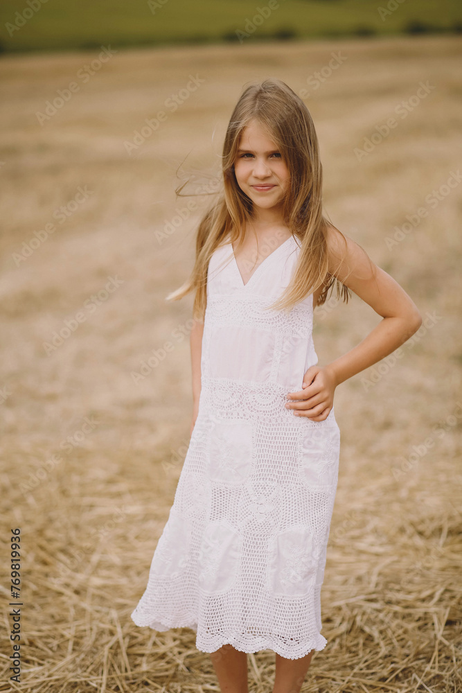 Adorable blonde girl in summer dress posing on the field at summertime. Summer photoshooting. Summer season. The concept of happy childhood