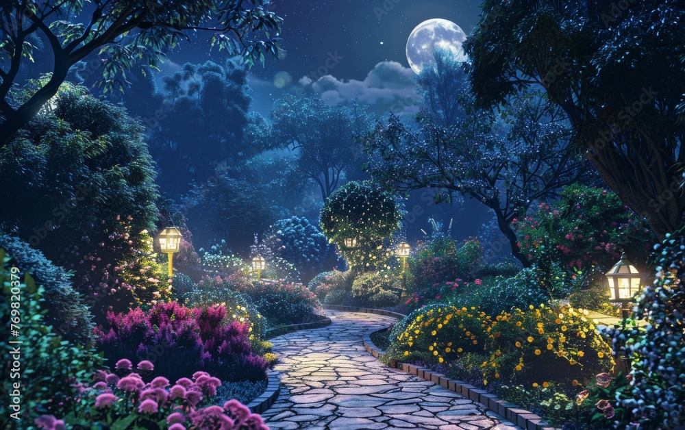 A serene moonlit garden, with vibrant flowers framing a cobblestone path, illuminated by classic street lamps under a full moon.
