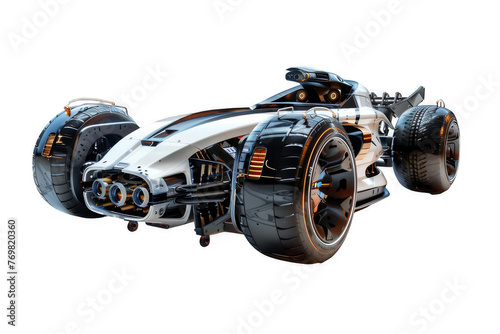 Futuristic race car with exposed mechanisms, high-tech tires, and sleek aerodynamics isolated on black photo