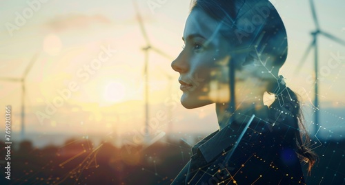 A double exposure of an energy manager with wind turbines and solar panels in the background, symbolizing clean power exploration Generative AI