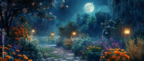 A magical night garden comes to life with radiant flowers, glowing lanterns leading the stone path, and a captivating moon backdrop. photo