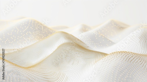 A white waves with golden glittering dots. The gold shimmering particles, luxury, background, sparkling effect, gold sprinkles, wavelike pattern. Generated by artificial intelligence.