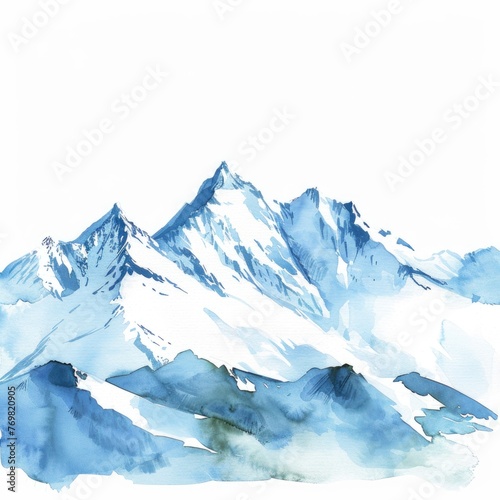 Watercolor snowy mountain peaks under a clear winter sky, isolated on white