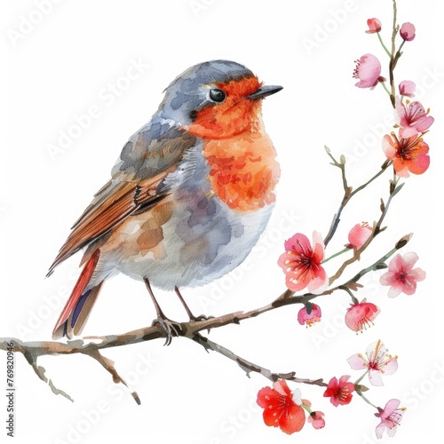 Watercolor spring robin perched on a blooming branch, cheerful and bright on white