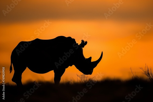 rhino silhouette against orange sunset sky © primopiano