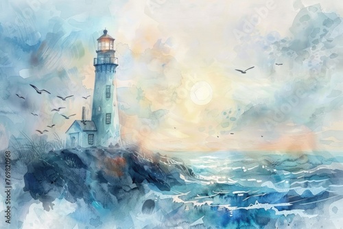 Watercolor summer lighthouse scene with seagulls and ocean waves, on white