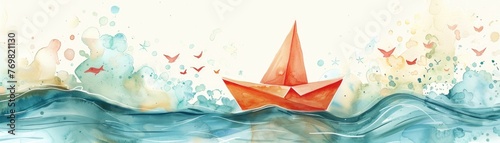 A dreamy watercolor decal with a sailing paper boat and Sail Towards Another Amazing Year in whimsical childrens book typography