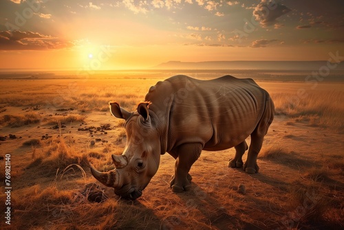 aerial view of rhino in savannah at sunset