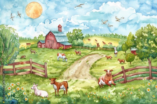 A sunny farm scene in watercolor with Have a Moovelous Birthday surrounded by farm animals in a barnyard party setting
