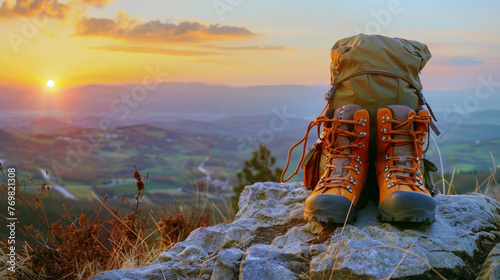 Perched atop a lofty hill or rocky precipice, orange hiking shoes and a backpack await their next trek.