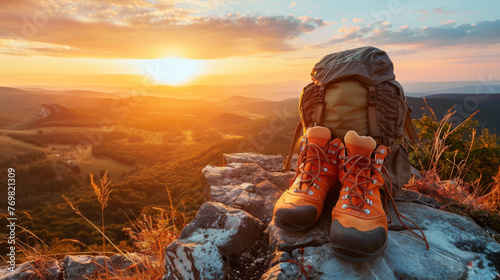 As the sun dips below the horizon, a pair of vibrant orange hiking boots and a sturdy backpack rest upon a rugged summit.