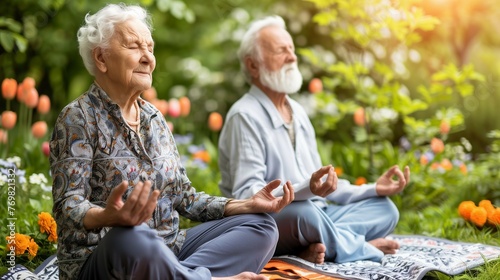 An elderly couple meditates in the garden,a concept of a healthy lifestyle and yoga for old. © Evodigger