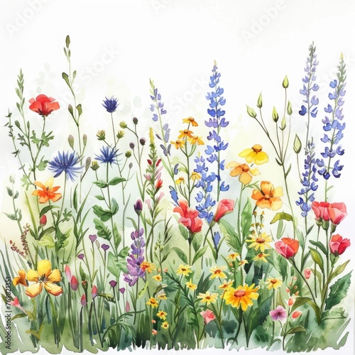 A watercolor spring meadow filled with wildflowers against a white backdrop