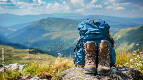 Set against a backdrop of majestic mountains, hiking shoes and a backpack stand as symbols of adventure and exploration.