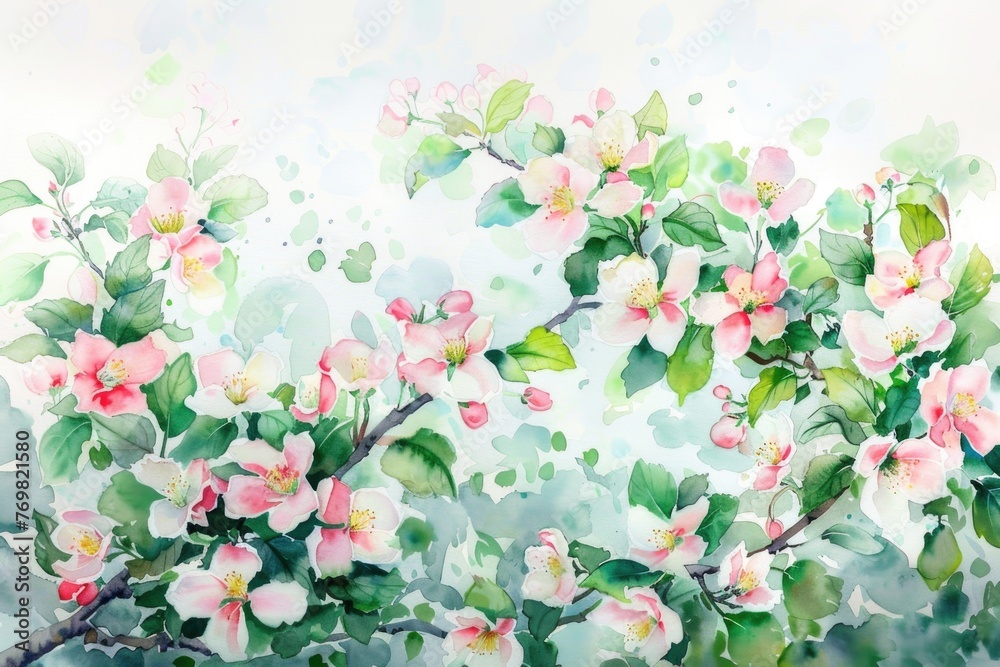 Blossoming apple orchard in spring, delicate watercolor painting on white