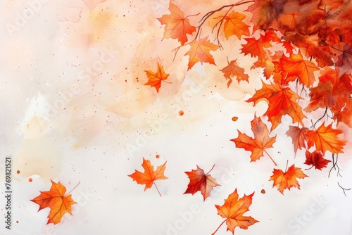Autumn leaves in vibrant oranges and reds falling softly, watercolor on white