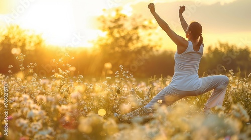 A woman in white yoga attire practices a warrior pose on an open field under the golden sunset.