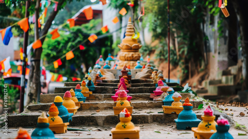 Pagoda made from sand , rows of a colorful small triangular flags and flower decorated ,Thai Buddhist Style on a white background, Songkran Festival Thailand © Rup-pa
