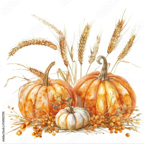 Golden autumn harvest with pumpkins and wheat sheaves  watercolor on white