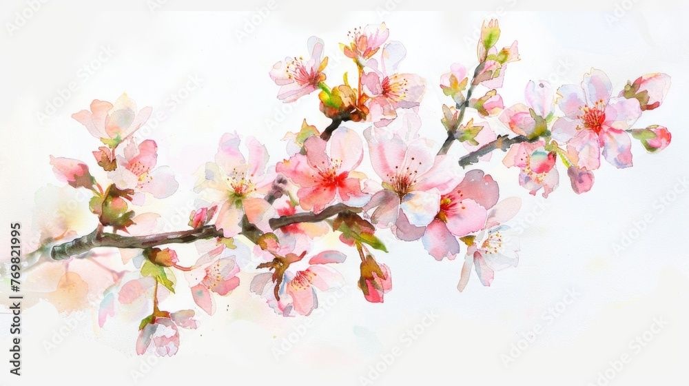 Spring blossoms opening under a gentle rain, watercolor on white background
