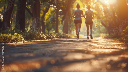 A couple jog in the park at sunrise, captured from behind with sunlight filtering through trees.