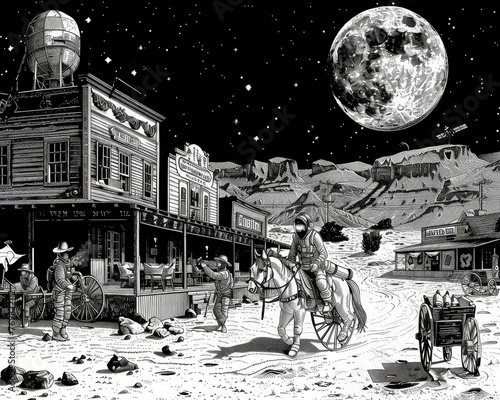 Classic lunar gold rush town, prospectors in spacesuits, saloons serving space whiskey photo