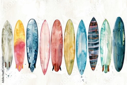 Summer surfboards lined up on the beach, watercolor vacation vibes on white