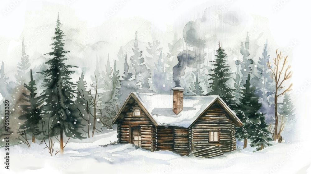 Watercolor cozy winter cabin in the woods, smoke rising from the chimney, on white Watercolor cozy winter cabin in the woods, smoke rising from the chimney, on white