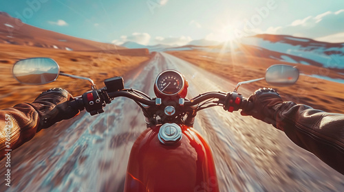 first person point of view perspective riding a vintage motorcycle galloping on US Route and natural landscape photo