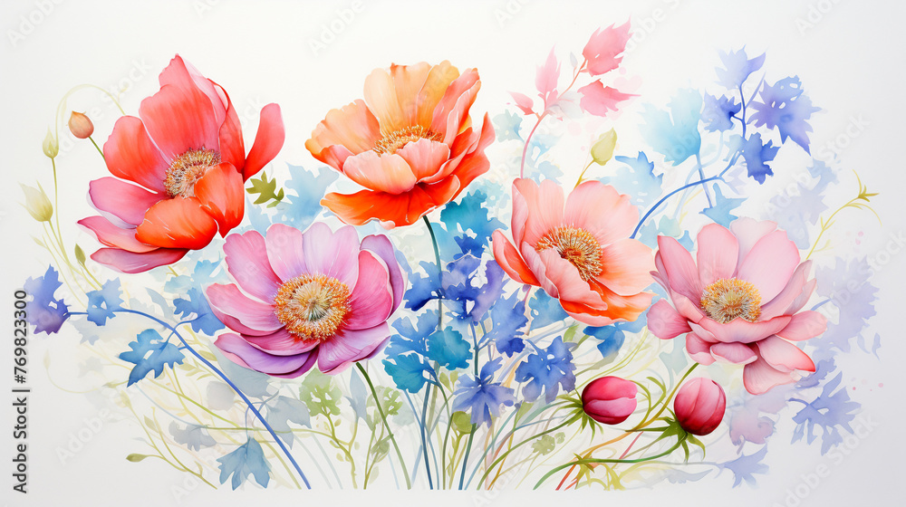 Abstract flowers in watercolor, bold strokes, white space, closeup, natural daylight