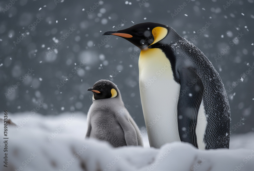 Fototapeta premium Adult King Penguin And Tiny Chick Under Falling Snow