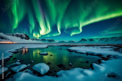 a breathtaking view of northern lights shimmering over a snowy Icelandic landscape © Prashant