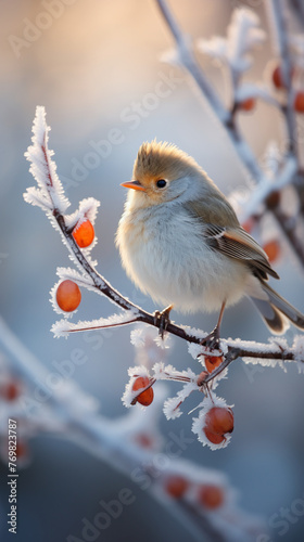 Fluffy white bird perched on a frosty branch, soft morning light, closeup view, serene mood