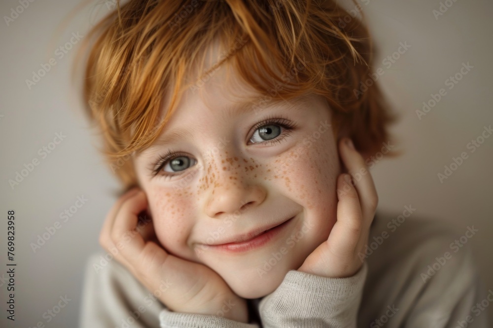 Capture of a happy Caucasian boy playfully touching his cheek, showcasing a radiant smile. Capture of a happy Caucasian boy playfully touching his cheek, showcasing a radiant smile.