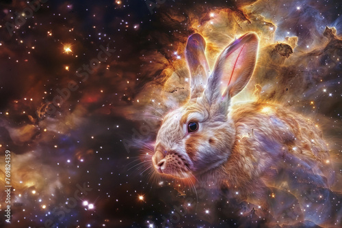 A radiant digital illustration featuring a bunny with a backdrop of cosmic clouds and twinkling stars