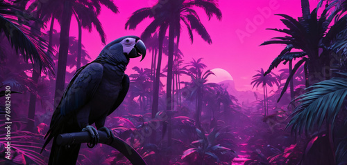 A blue parrot against a purple sunset sky. pink and black illustration of birds and tropics photo