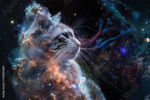 A visual representation of a cat's face seamlessly integrated within vibrant galactic elements, evoking curiosity and enchantment