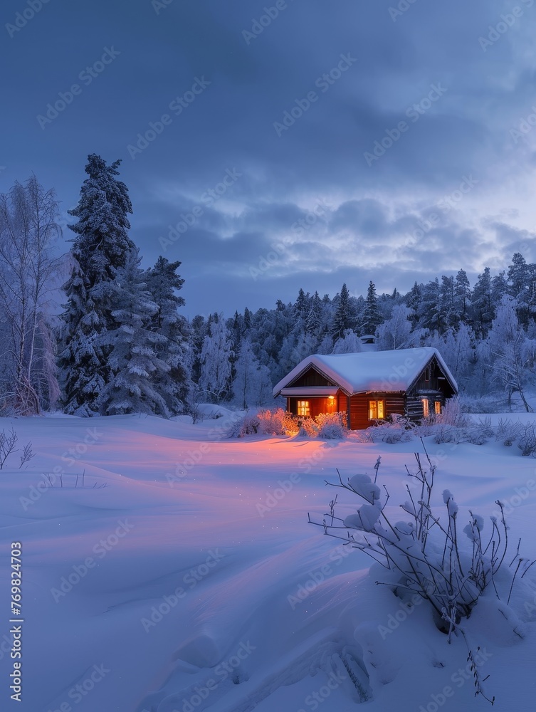 As dawn breaks, the soft glow of a cabin contrasts with the pinkish hues of morning light, nestled in a snowy landscape surrounded by a frosty forest.