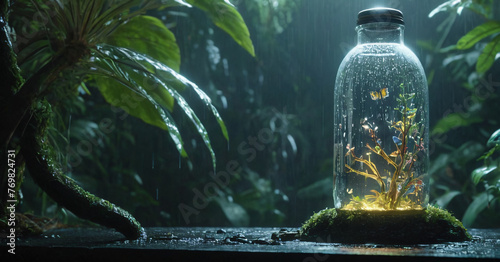 Glass bottle against the background of a tropical forest. There is a robot insect in the bottle. Futuristic future, science fiction © Вероника Преображенс